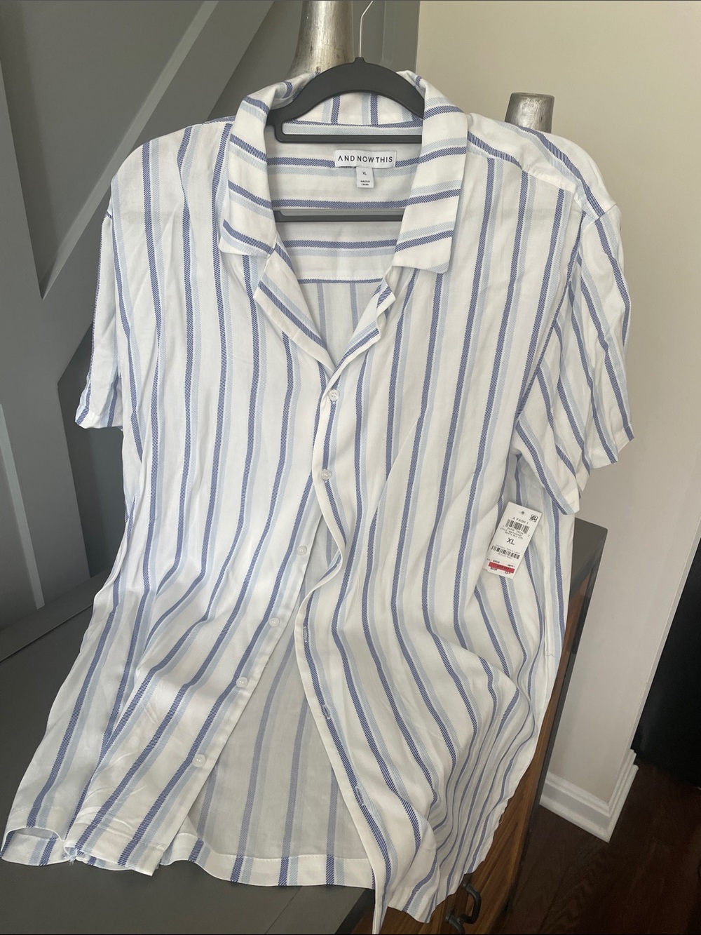 And Now This Men's White & Light Blue Stripe Short-Sleeve Button-Down Shirt